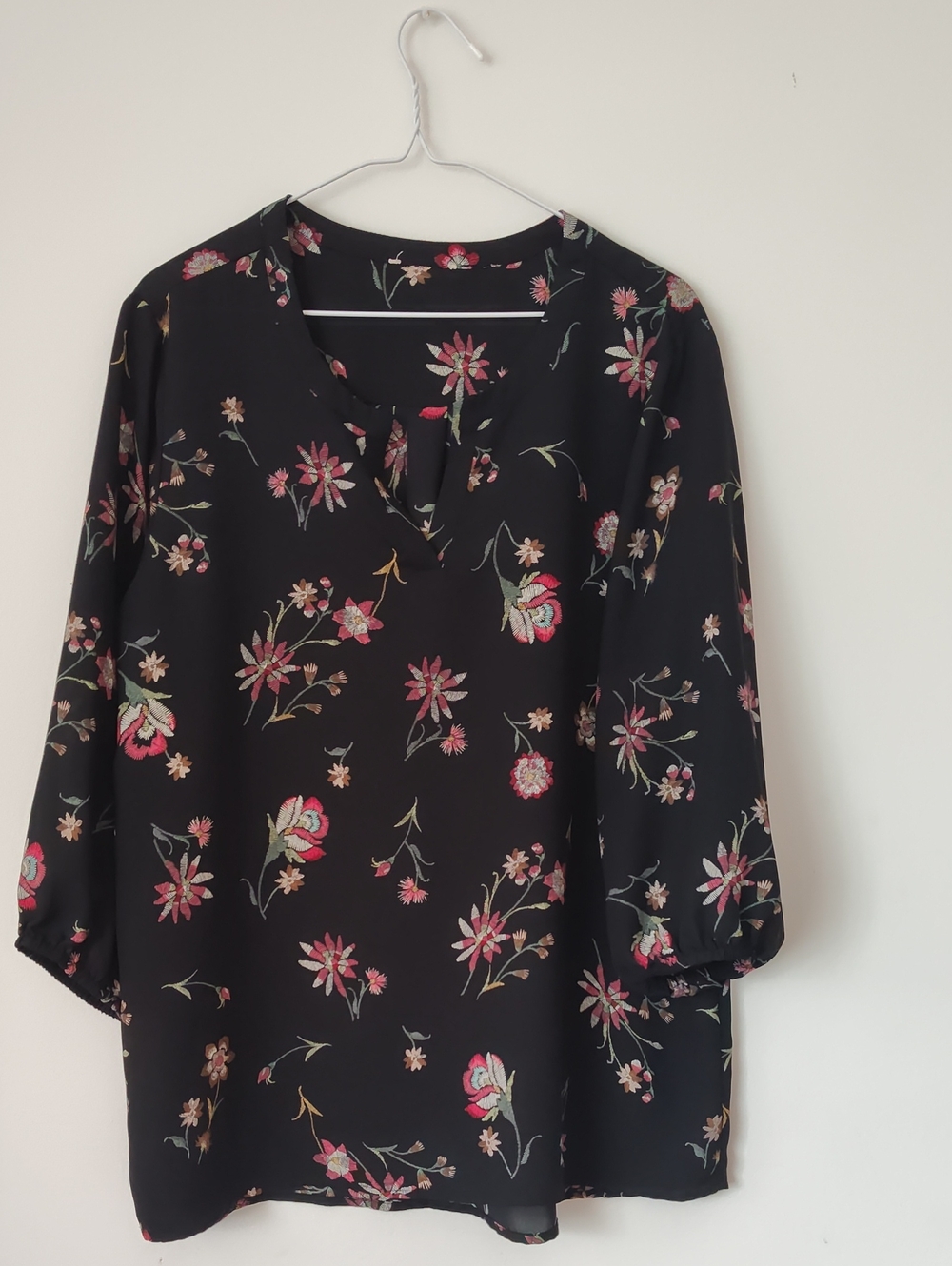 Black Floral Split-Neck Women's Blouse